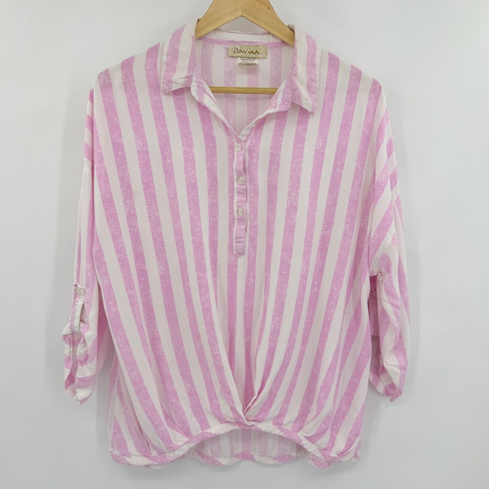 Davina Striped Blouse Women Large Pink White Twist Front Roll Tab Sleeve Rayon